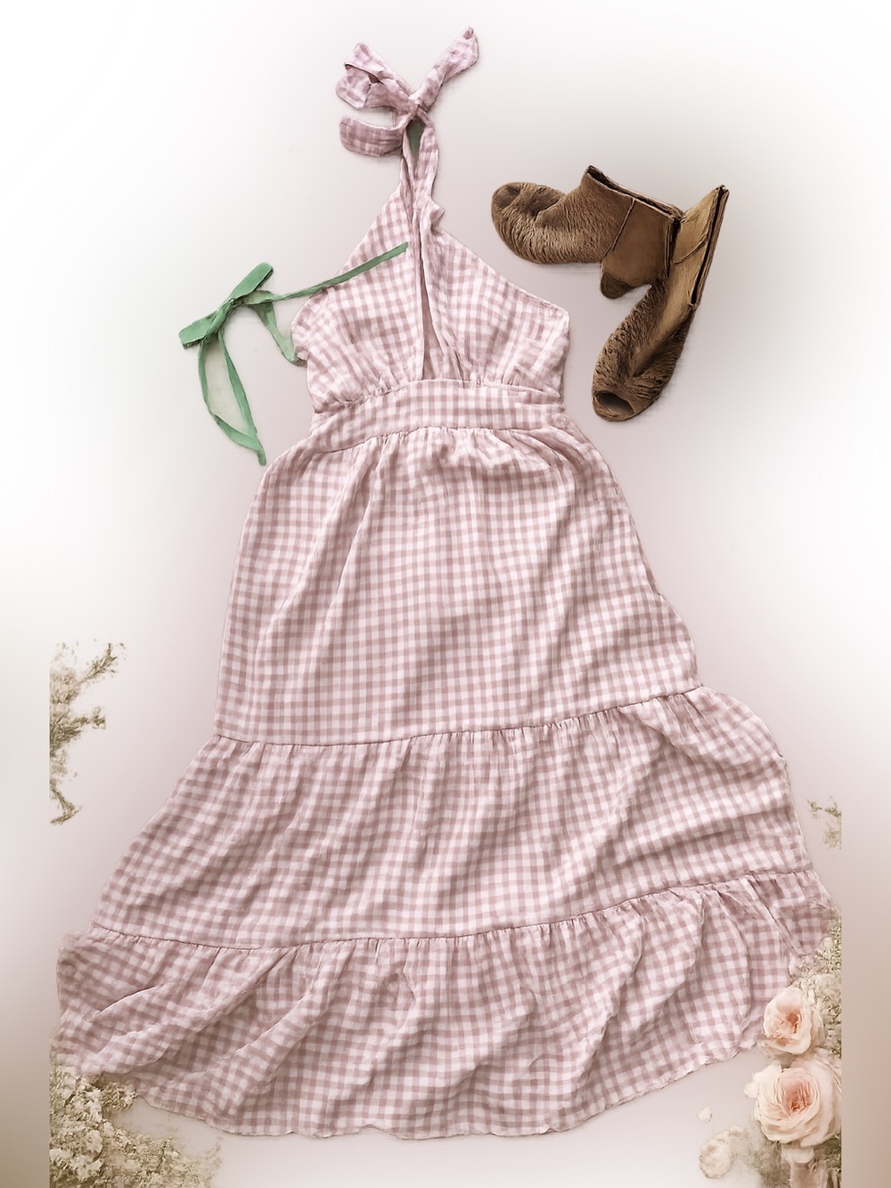 Ecowish Pink Gingham Halter Dress Size Medium Summer Cottagecore